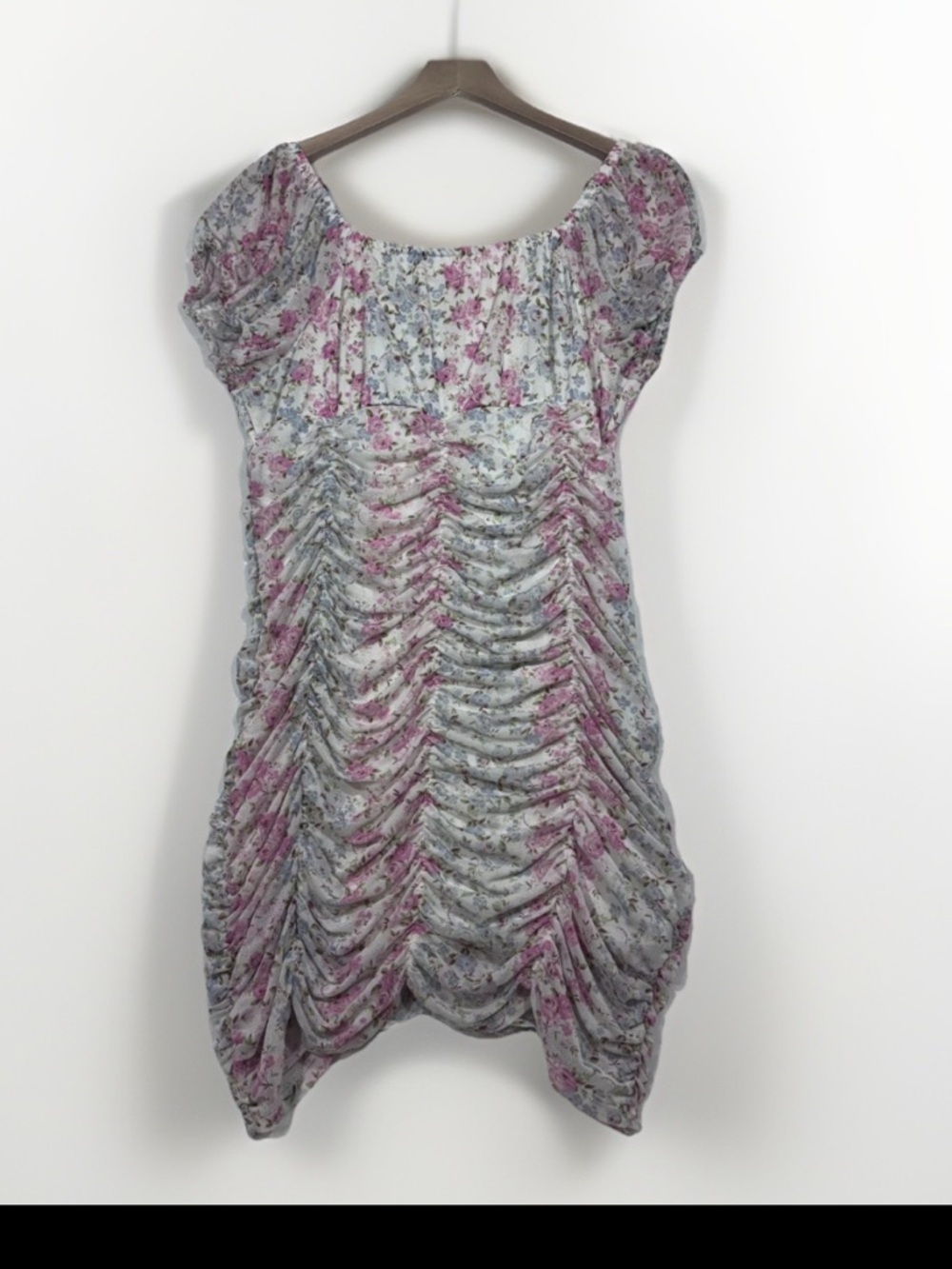 Steve Madden Mesh Ruched Fitted Mini Dress Size XXL Pastel Floral Romantic - Picture 3 of 6